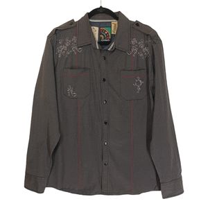 191 UNLIMITED Gray Black Check Plaid Print Red Stripe Button Front Shirt XL